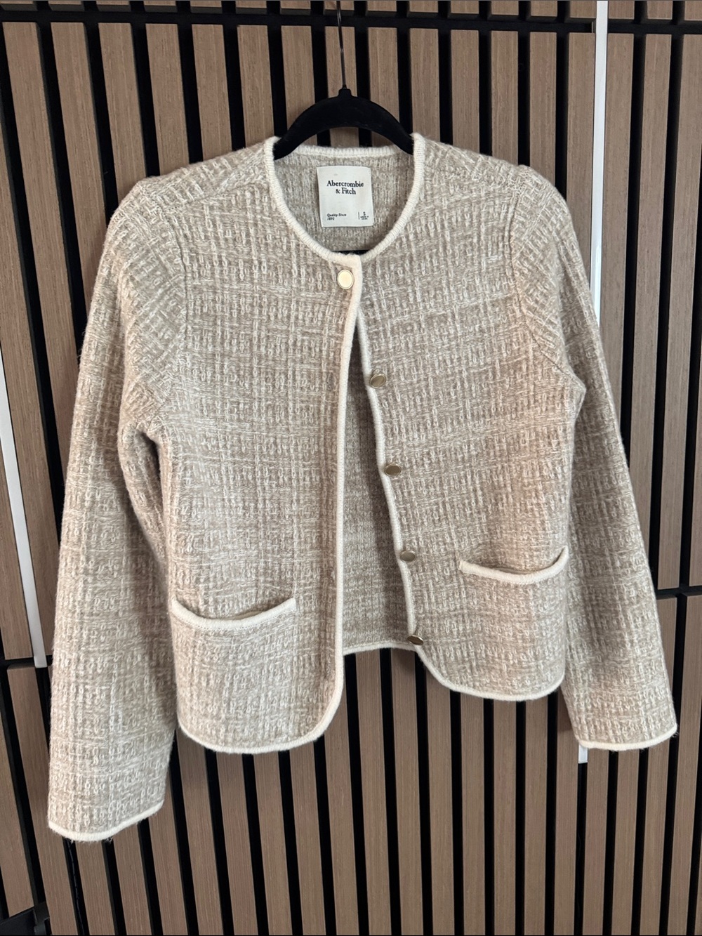 Abercrombie & Fitch Neutral Cream Tweed Collarless Jacket